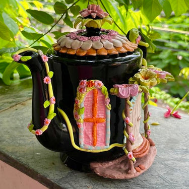 Whimsical Fairy Cottage Teapot Container| Handmade by mother| side view