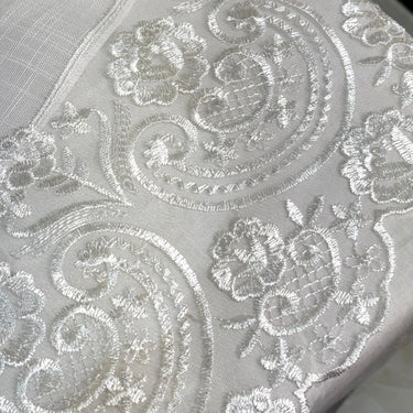 White Paisley Embroidered Organza Table Cover closeup view 