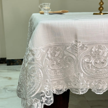 White Paisley Embroidered Organza Table Cover side view 