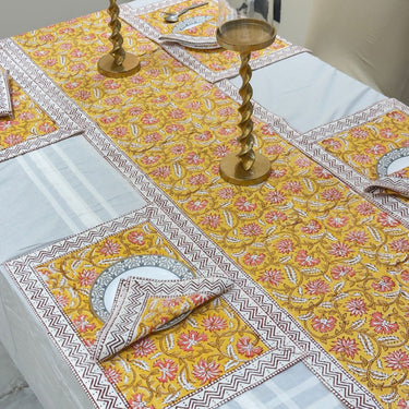 Yellow Floral Handblocked Cotton Table Runner Set | Close view