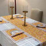 Yellow Floral Handblocked Cotton Table Runner Set | overall view