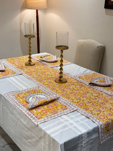 Yellow Floral Handblocked Cotton Table Runner Set | overall view