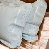 blue cotton pillow cover with lace frills | Side view 