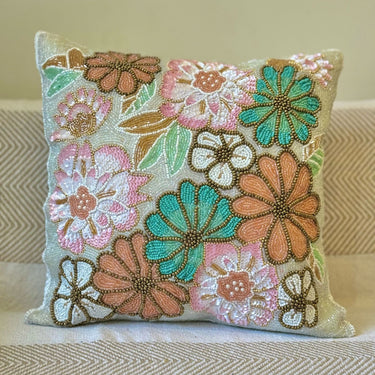 multicolor beaded floral cushion cover | Front View