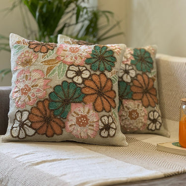 multicolor beaded floral cushion cover | Overall View