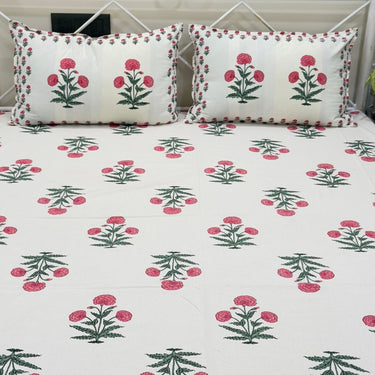 pink bloom handblock cotton bedsheet | front view
