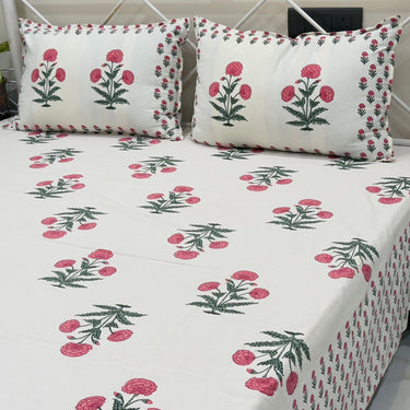 pink bloom handblock cotton bedsheet | side view