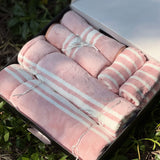 pink feather soft gifting towel set | top view 
