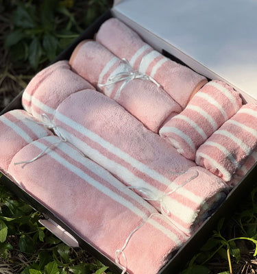 pink feather soft gifting towel set | top view 