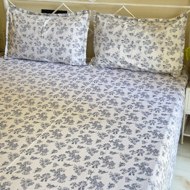 white and blue pure cotton bedsheet | side view